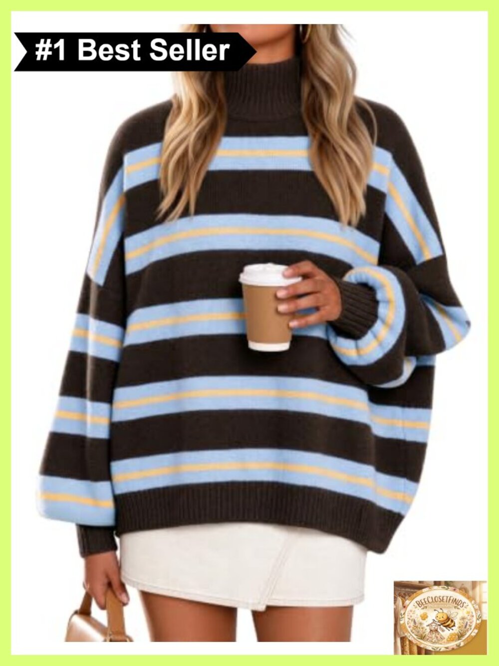 Oversized Turtleneck Lantern Sleeve Acrylic Sweater Pullover